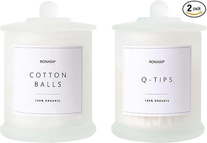 Qtip Holder & Cotton Pad Dispenser, Bathroom Organizer and Storage Canisters, 16oz Glass Apothecary Jars for Kitchen, Restroom - Home Decor, Room Decor Aesthetic (2 Pack, Frosted White)