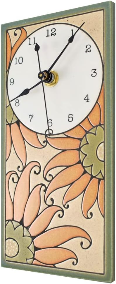 Modern Artisans Serene Sunflowers Mini Ceramic Art Wall Clock, 3.75" x 7.75", Neutral Earthy Colors
