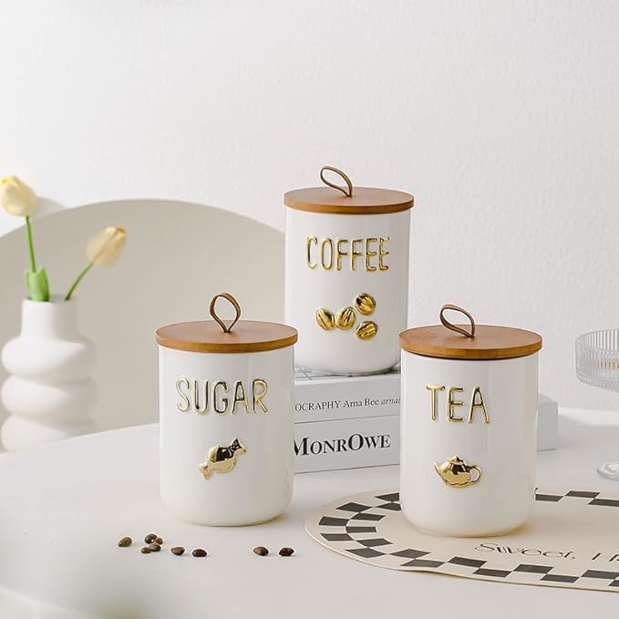 Comeon Ceramic Canister Set with Airtight Seal Bamboo Lid Silicone, 27oz Food Storage Jars for Coffee Sugar Tea, Container Set for Kitchen Pantry Counter Decor (Coffee)