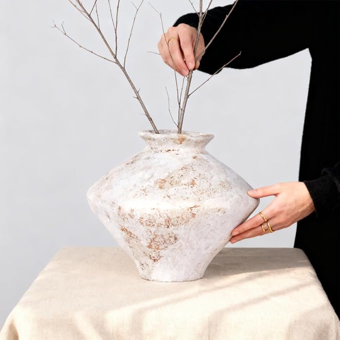 Whitewashed Terracotta Ceramic Vase, 11.5" Large Rustic Farmhouse Pottery Vase with Wide Mouth, Watertight Flower Vase for Fresh Flowers, Pampas Grass and Table Centerpieces Decor