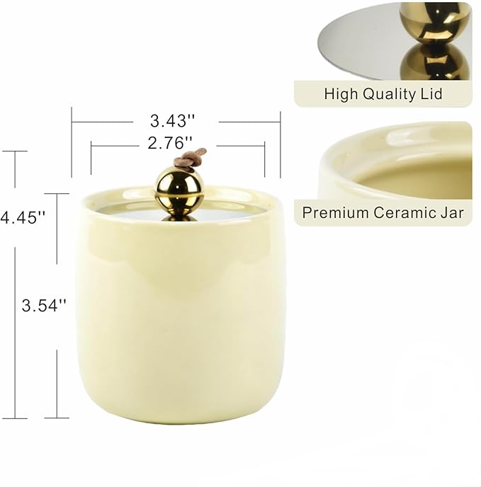 Ceramic Qtip Holder Dispenser with Gold Lids 2 Pack, Yellow Apothecary Jars Bathroom Vanity Organizer for Home Decor Bathroom Canister for Cotton Swabs, Rounds, Balls, Makeup Sponges, Bath Salts