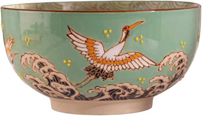 Urban Tokyo Japanese Kamameshi Style Ceramic Glazed Japanese Ramen Udon Pho Noodle Bowl With Spoon, Bamboo Lid, Chopsticks and Trivet 5 Piece Set (Japanese Crane), BCH625