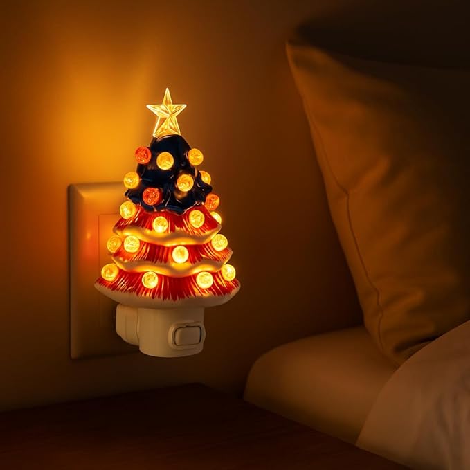 4th of July Patriotic Ceramic Christmas Tree Night Light, 6-Inch Plug-in Vintage Holiday Lamp with 28 Red White Blue Lights, 360° Rotating UL Plug, Warm Glow & Bulb Included (USA Flag)