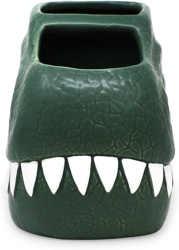 Isaac Jacobs Green Ceramic Dinosaur Dual Compartment Toothbrush Holder, Multi-Purpose Organizer, for Toiletries, Bathroom, Kitchen, Crafts, Desk, Novelty Bathroom Accessory (2-Section Cup, Green)
