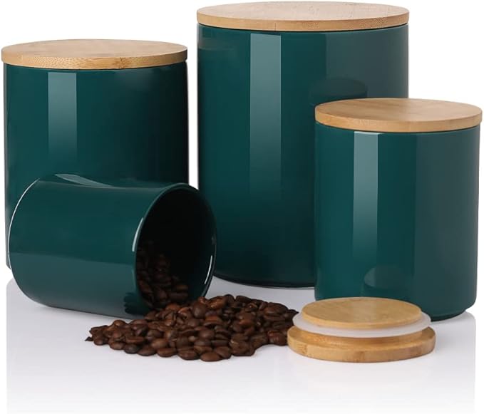 Sweejar Kitchen Canisters Ceramic Food Storage Jar Set, Stackable Containers with Airtight Seal Wooden Lid for Serving Ground Coffee, Tea, Herbs, Grains, Sugar, Salt - Set of 4 (Jade)