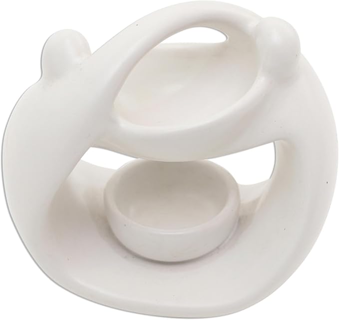 NOVICA Artisan Handmade Ceramic Oil Warmer White Sculptural Indonesia Lamps Lighting Incense Burners [4.3in H x 4.7in W x 3.1in D] ' Warm Feelings'
