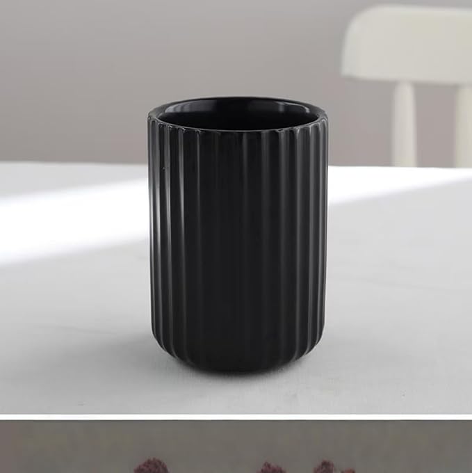 Stoneware Coffee Bar Utensil Holder Tea & Coffee Spoon & Stirrer Holder for Stir Stick Straw Teaspoon Holder Spoon Cup Small Utensil Jar Fluted Vertical Stripe (Matte Black)