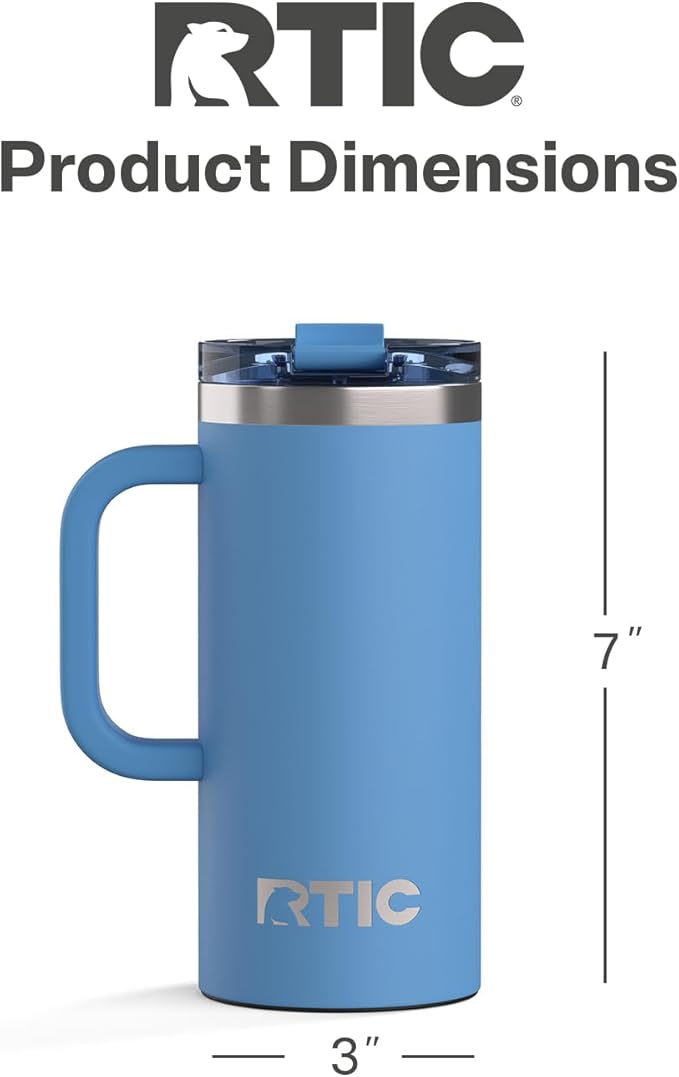 RTIC 16oz Road Trip Travel Mug with Lid and Handle, Insulated, Stainless Steel, Metal, Double Wall Vacuum-Insulation, Ceramic Lined, Portable Coffee, Tea Cup for Hot and Cold Drink, Denim