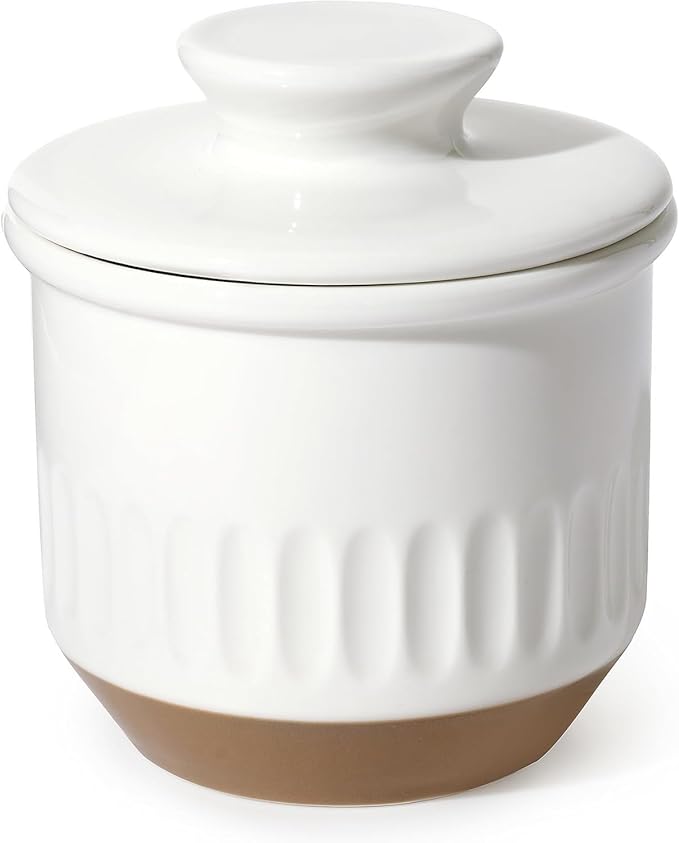 Sweese Embossed French Butter Crock with Water, Ceramic Butter Keeper with Lid for Countertop, Vintage White & Ochre Butter Dish, Dishwasher & Microwave Safe