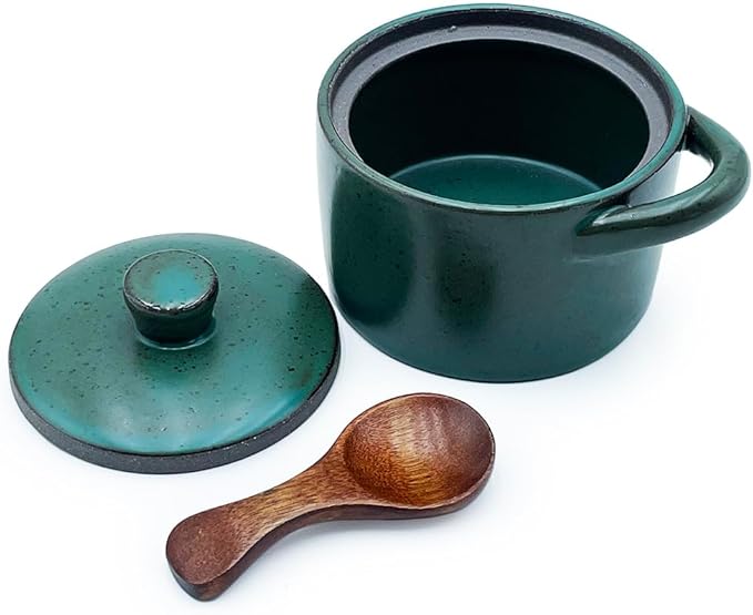 Ceramic Salt Cellar With Lid & Spoon,8oz Salt Container For Countertop,Sugar Bowl,Spice Jar(Green)