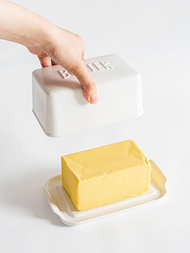 Porcelain Covered Butter Dish with Lid for Countertop Butter Holder Container for One Stick of Butter. Textured Tray Butter Keeper for Non Slip Storage-White