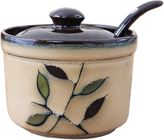 123Arts Ceramic Retro Flower Sugar Bowl Storage Jar Seasoning Pot with Lid And Spoon