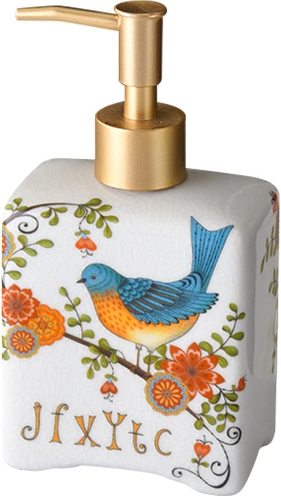 WAYUTO 12 Oz Vintage Ceramic Liquid Soap Dispenser Lotion Pump Bottle for Kitchen Countertop Bathroom Decorative Antique Floral Porcelain Hand Soap Dispenser White Magpie