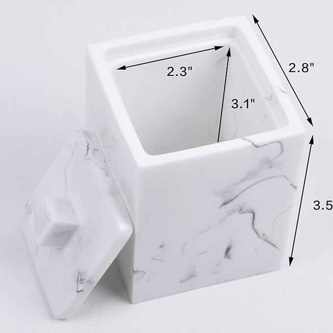 Jung Ford Qtip Holder for Bathroom with Lid – Square Cotton Swab Organizer, Cotton Ball Dispenser, Makeup Pad Container – Marble Look Resin Vanity Storage (White)