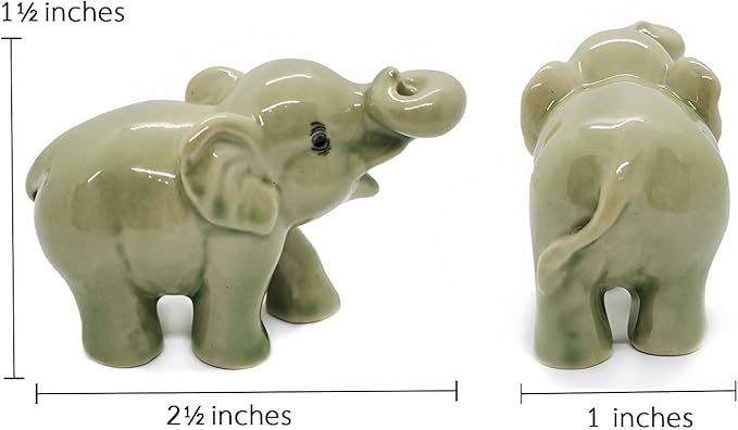 ChangThai Design Tiny 2½" Green Baby Elephant Curling Up Trunk Figurine - Miniature Hand Made Painted Ceramic Asian Elephants Cute Wildlife Animals Porcelain Decorative Collectible Figures Décor Gifts