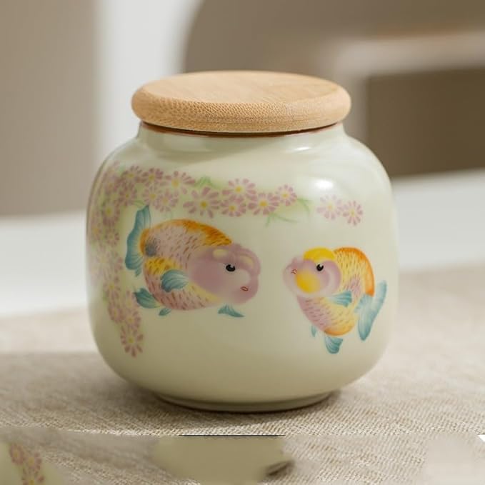 9oz Small Ceramic Tea Canister with Airtight Lid - Adorable Animal Design Storage Jar for Loose Leaf Tea, Coffee, Sugar, Cookies - Decorative Kitchen & Pantry Organizer (Fish)