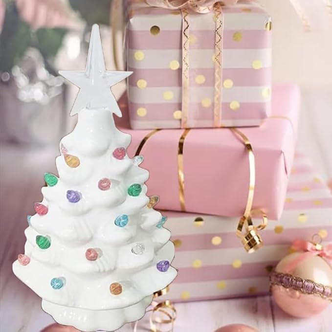 Small Resin Christmas Tree Decor, Tabletop Christmas Tree Star Topper, Holiday Decoration with 40 Multi-Color Lights, Xmas Fall Decorations for Home (Cream White)