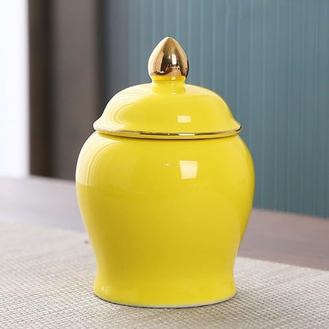 Amosfun Tea Storage Jar Ceramic Canister Yellow Lid Sealed Storage Solution for Household