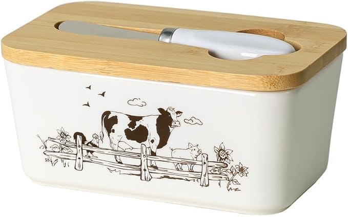 WAIT FLY Cow Ceramic Butter Dish with Bamboo Lid and Knife, 2 Sticks Butter Dish Butter Container Keeper for Kitchen Countertop, Home Decorative-Cow