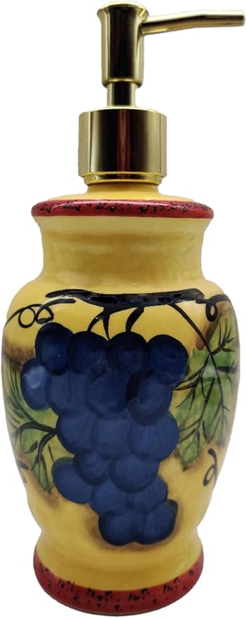ACK Ceramic Tuscany Sonoma Grape Hand Painted Collection Refillable Soap Dispenser 8'H, Lotion Jar, Kitchen Décor, Bathroom Décor