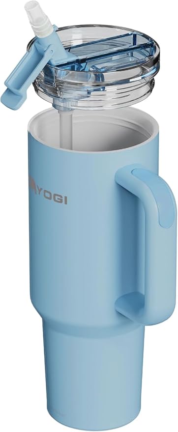 YOGI Ceramic Lined Metal Allergy Safe 30oz Tumbler with Handle and Straw Leakproof Flip & Sip Lid Vacuum Insulated Stainless Steel Travel Cup for Iced Coffee Water and All-Day Hydration 30oz Cielo