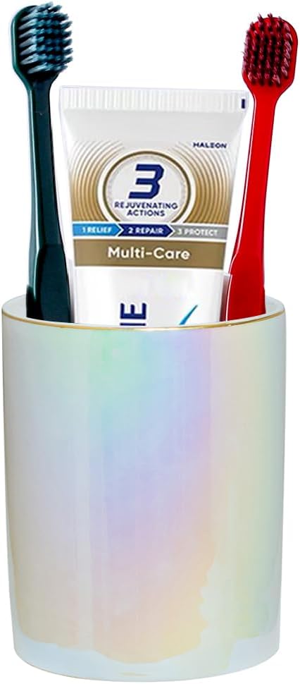 Ceramic Cute Toothbrush Holder Toothpaste Holders, Bathroom Tumbler Cups Reusable,Bathroom Counter Organizer (Pearl)