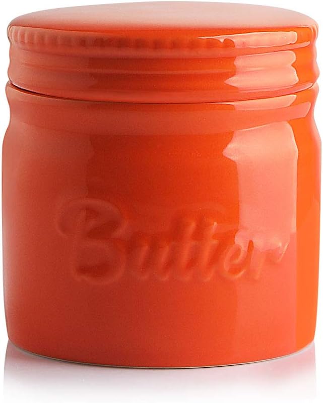 Sweejar Porcelain Butter Keeper Crock, French Butter Dish with Water Line, Ceramic Butter Container for soft butter (Orange)