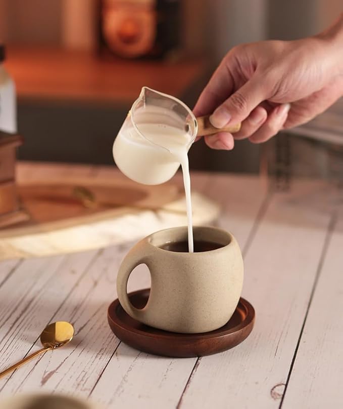 1pcs-Ceramic Coffee Cup Sets (250ML, 7*9.8*7.5cm), Japanese Style Hot Tea Cup, Coarse Earthenware Latte Cup, Includes Cup Saucer and Spoon, Suitable for Home, Restaurant, Tea Party, etc.