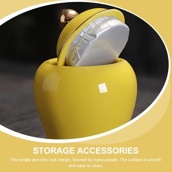 Amosfun Tea Storage Jar Ceramic Canister Yellow Lid Sealed Storage Solution for Household