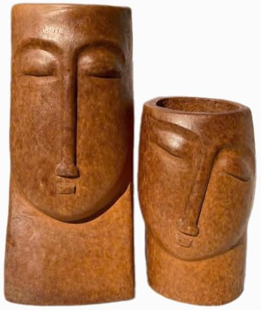 an Hana Ceramic Abstract Face Vases - Set of 2 Handmade Wabi Sabi Pottery, Unique Clay Sibling Statues for Modern Home Decor, Minimalist Shelf & Living Room Accents