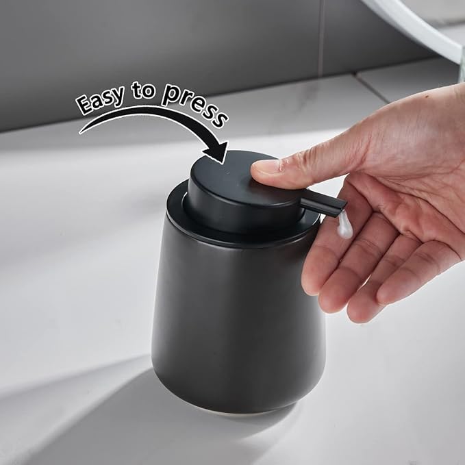 12Oz Black Soap Dispenser Set - Ceramic Lotion Hand Soap Dispenser Set with Easy-to-Press Black Pump, Refillable Mordern Liquid Dish Soap Dispensers for Bathroom & Kitchen, 2 Pack