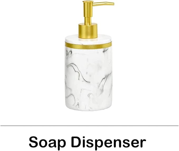 5-Piece Bathroom Counter Top Accessory Set - Dispenser for Liquid Soap or Lotion, Soap Dish, 2 Tumblers and Toothbrush Holder, Marble Pattern Resin (Classic White)