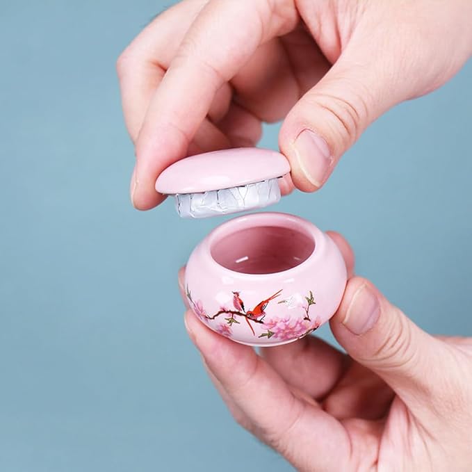 2Pcs Empty Mini Cute Ceramic Bottle Canisters Flower Pattern Portable Travel Loose Tea Pot Jar Contanier with Lid for Storage Spices Powder Cream Lotion Loose Tea, Pink