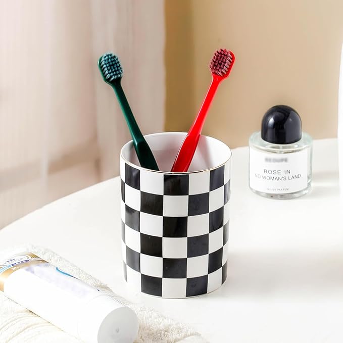 Ceramic Toothbrush Holder Toothpaste Holders, Cute Bathroom Tumbler Cups Reusable,Checkered Bathroom Counter Decor Organizer, Makeup Brush Holder,Pen Holder (Black)