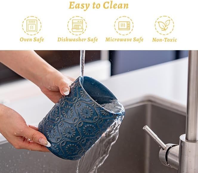 TEATALK Ceramic Utensil Holder Set, 360° Rotating Organizer for Countertop, Farmhouse Vintage Style, Large and Small Crocks in Dark Blue，7.7"+5.7"