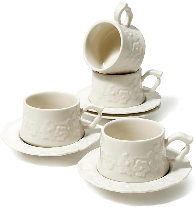 Ceramic Espresso Cups and Saucers Set of 4, Floral Petal Design Cappuccino Cups with Handles, Vintage Style Porcelain Coffee Cup Set, Microwave & Dishwasher Safe(Cream-Flower)