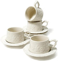 Ceramic Espresso Cups and Saucers Set of 4, Floral Petal Design Cappuccino Cups with Handles, Vintage Style Porcelain Coffee Cup Set, Microwave & Dishwasher Safe(Cream-Flower)