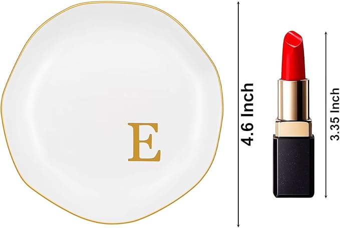 Ceramic Jewelry Tray, Personalized Initial Ring Dish, Elegant Trinket Tray for Rings Earrings Bracelet Necklaces, White Decorative Jewelry Holder for Women Vanity, 4.5 Inch, Letter E