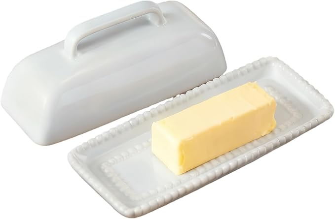White Ceramic Butter Dish with Lid-Vintage Pearl Embossed Edge & Large Arc Handle-Keeps Butter Fresh on Countertop or in Fridge-Dishwasher & Microwave Safe