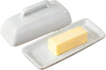 White Ceramic Butter Dish with Lid-Vintage Pearl Embossed Edge & Large Arc Handle-Keeps Butter Fresh on Countertop or in Fridge-Dishwasher & Microwave Safe