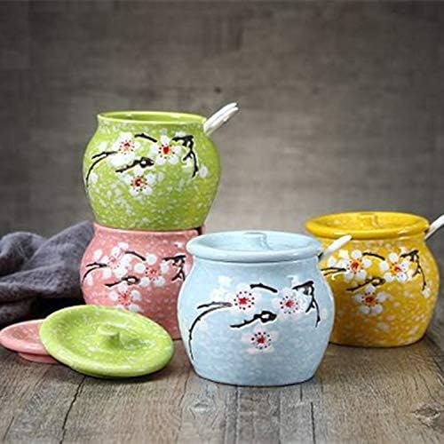 Ceramic Flower Sugar Bowl Seasoning Pot Salt Pepper Storage Jar with Lid And Spoon