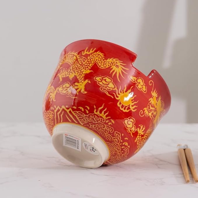 Urban Tokyo Handpainted Ceramic Glazed Japanese Ramen Udon Noodle Rice Bowl With Chopsticks 20 fl oz 5 inch Diameter Bowl Sets Color Box Packaging (Oriental Dragon Red)