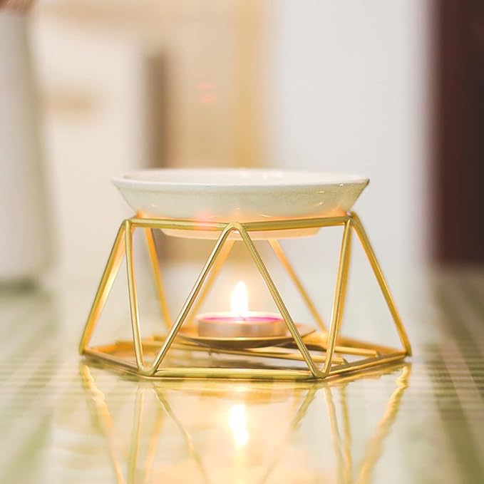 SXCHEN Tealight Oil Burner Ceramic Essential Oil Burner Tealight Candle Holder Aroma Scented Candle Oil Diffuser Glod Metal Tea Light Wax Melt Warmer Furnace Home Decoration