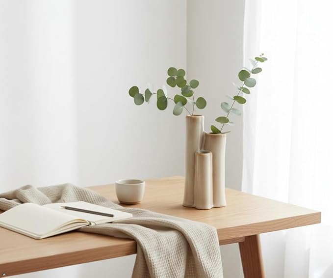 Ceramic Bud Vase, Sculptural Triple Tube Vase in Cream White for Modern Farmhouse & Minimalist Shelf Decor