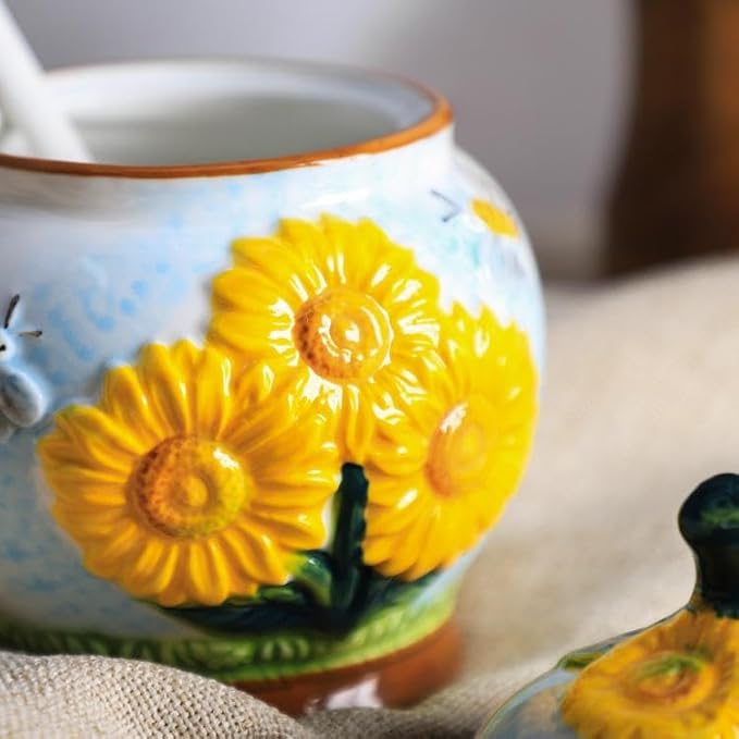 123Arts Sugar Bowl Sunflower Jar Ceramic Hand Drawn Spice Jar Storage Jar Ornament