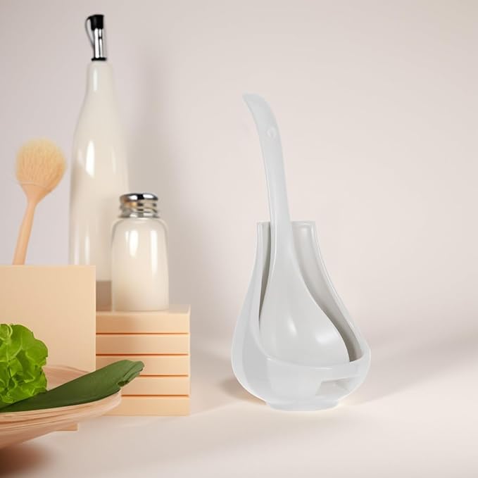 Luxshiny Large Ceramic Soup Spoon with Spoon Rest Porcelain Rice Porridge Ladle for Kitchen Serving and Tabletop Utensil Holder 8.85X2.55X0.78In
