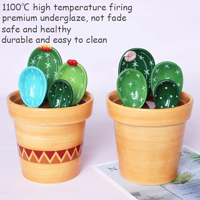 Cactus Measuring Spoons Set in Pot Ceramic Cute Measuring Cups and Spoons Unique Baking Gifts for Dry Wet Ingredients Dishwasher Safe 1 Tbsp 1 TSP 1/2 TSP 1/4 TSP 1 Cup Green