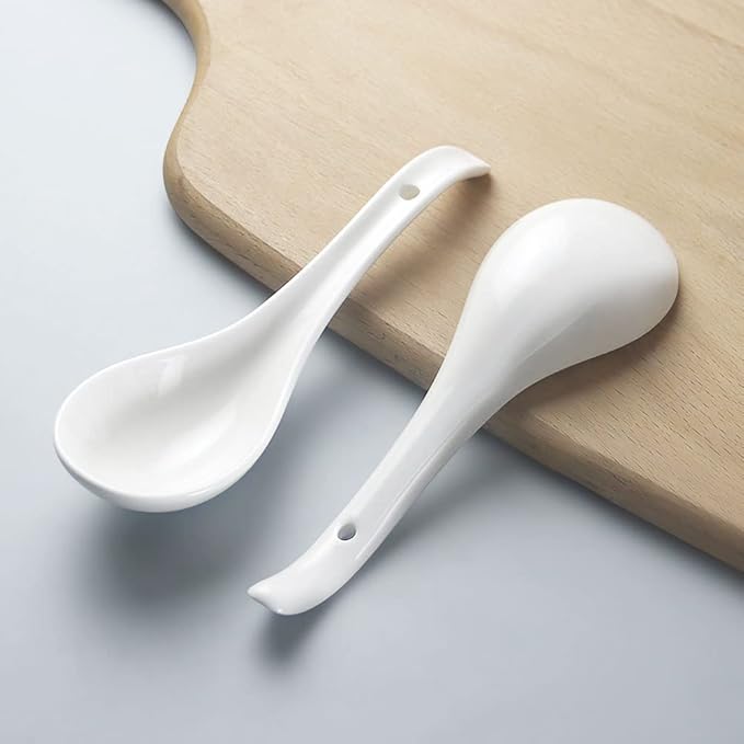 YFWOOD 6.75 inch Ceramic Asian Soup Spoons - White Large Japanese Spoons for Ramen Pho Wonton Soup Dumpling Miso, Set of 6