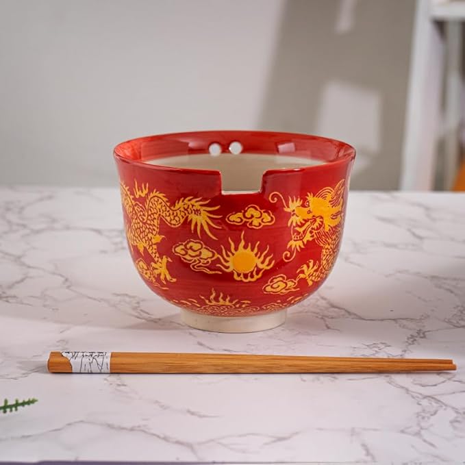 Urban Tokyo Handpainted Ceramic Glazed Japanese Ramen Udon Noodle Rice Bowl With Chopsticks 20 fl oz 5 inch Diameter Bowl Sets Color Box Packaging (Oriental Dragon Red)