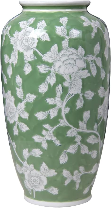 Spring Floral Ceramic Vase, Green and White Chinoiserie Vase with Hand-Painted Peony Design, 14 Inch Tall Decorative Vase for Home Decor, Table Centerpiece